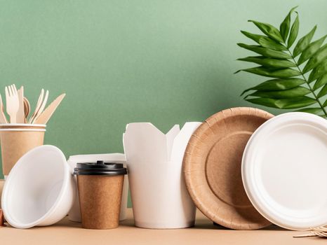 Zero waste and ecology concept. Eco-friendly disposable organic utensils. Plates, cups, bowl, forks and wok box on green background. Front view