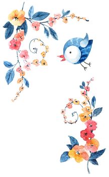 Cute illustration of little blue flying bird and flowers. Design for greeting card. Drawing by watercolor.