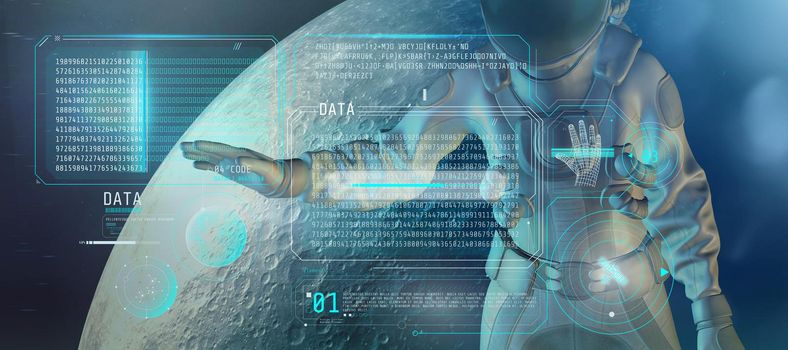 An astronaut in a spacesuit against the background of the moon analyzing an array of coded data.