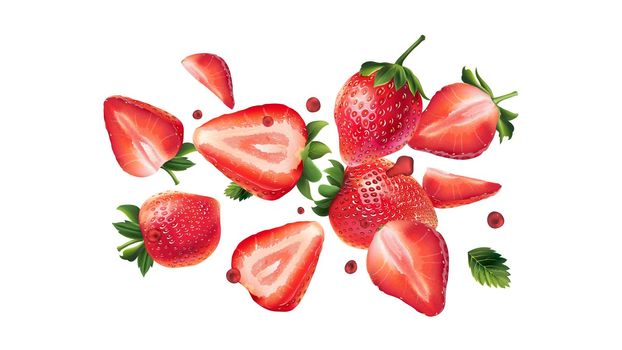 Strawberry berries with leaves and juice drops are scattering. Realistic style illustration.