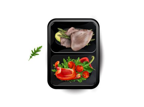 Boiled meat with vegetables in a lunchbox on a white background, top view. Realistic style illustration.