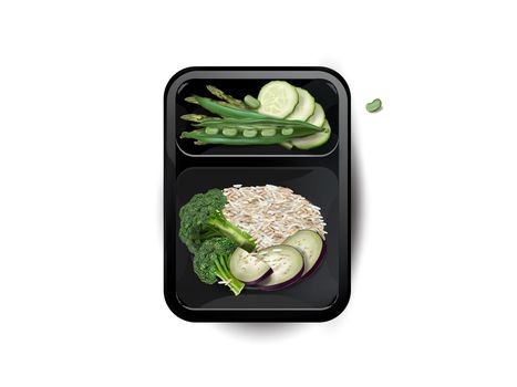 Steamed long-grain rice with eggplant, broccoli, green beans, cucumber and asparagus in a lunchbox on a white background, top view. Realistic style illustration.