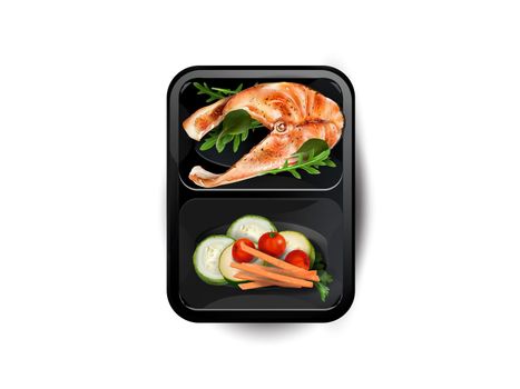 Steamed fish with vegetables and greens in a lunchbox on a white background, top view. Realistic style illustration.