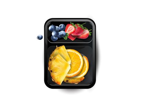Berries and fruits in a lunchbox on a white background, top view. Realistic style illustration.