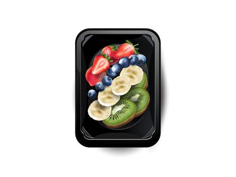 Fruits and berries in a lunchbox on a white background, top view. Realistic style illustration.