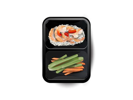 Shrimps, rice and vegetables in a lunchbox on a white background, top view. Realistic style illustration.