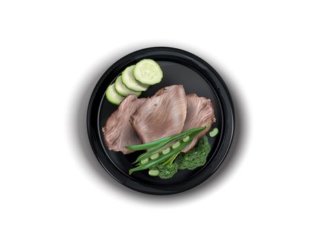 Black plate with boiled turkey meat, broccoli, green beans and cucumber on a white background, top view. Realistic style illustration.