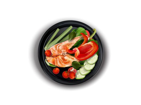 Black plate with red fish, vegetables and greens on a white background, top view. Realistic style illustration.