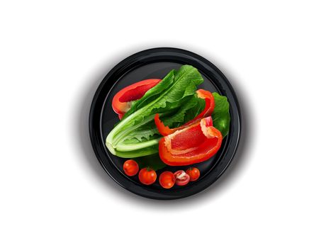 Black plate with bell pepper slices, lettuce and cherry tomatoes on a white background, top view. Realistic style illustration.