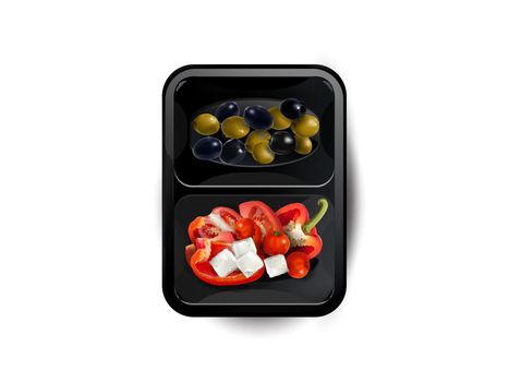 Black and green olives and Feta cheese with bell pepper and cherry tomatoes in a lunchbox on a white background, top view. Realistic style illustration.