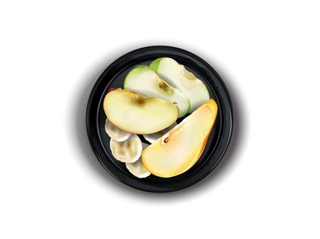 Black plate with apple, pear and banana slices on a white background, top view. Realistic style illustration.