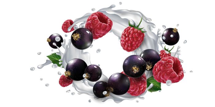 Fresh black currants and raspberries and a yogurt or milk splash on a white background. Realistic style illustration.