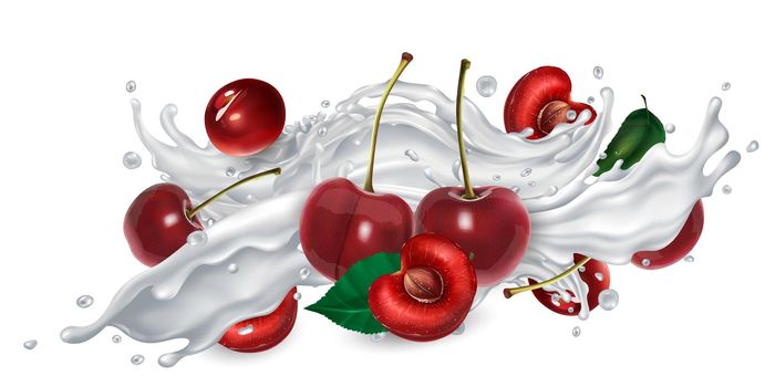 Fresh cherries in a splash of milk or yogurt on a white background. Realistic style illustration.
