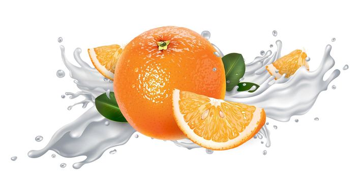 Fresh orange in a splash of yogurt on a white background. Realistic style illustration.