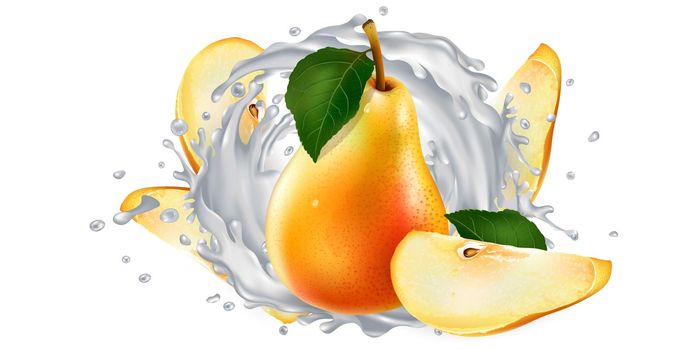 Fresh pears and a yogurt or milk splash on a white background. Realistic style illustration.