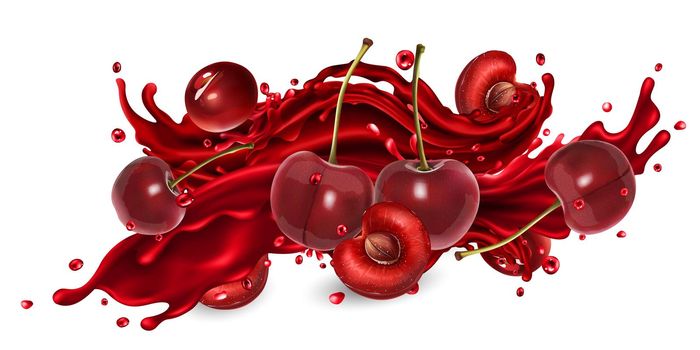 Whole and sliced cherries and a splash of red fruit juice on a white background. Realistic style illustration.