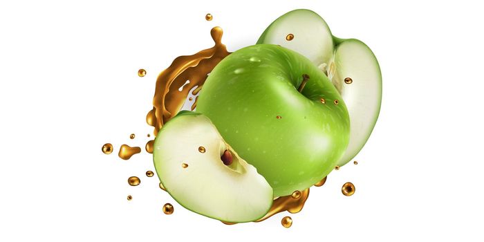 Whole and sliced green apples in fruit juice splashes on a white background. Realistic style illustration.