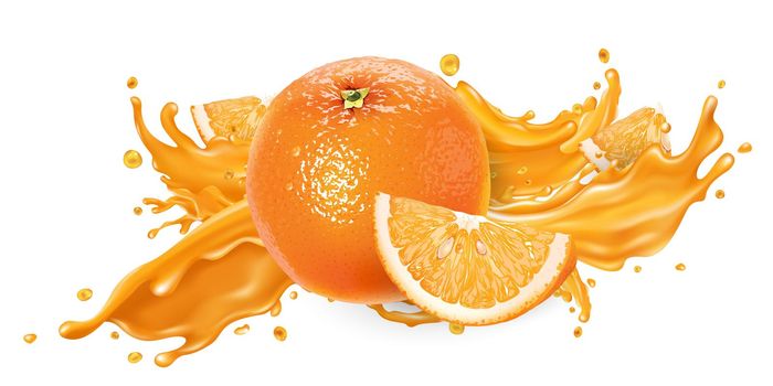 Orange whole and slices and a splash of fruit juice on a white background. Realistic style illustration.