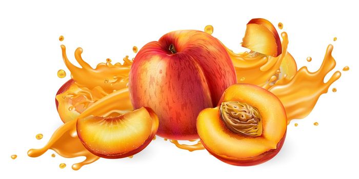 Whole and sliced peaches and a splash of fruit juice on a white background. Realistic style illustration.