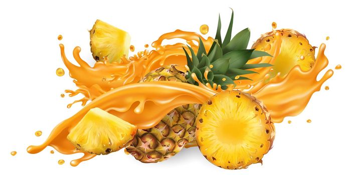 Whole and sliced pineapple and a splash of fruit juice on a white background. Realistic style illustration.