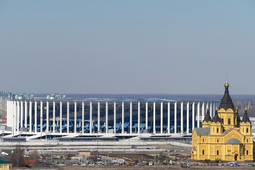 Beautiful panoramic view of the modern city buildings and the Orthodox church. High quality photo