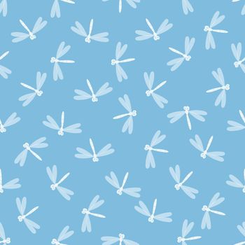 Seamless pattern with dragonfly on color background. Romantic vector illustration. Adorable cartoon character. Template design for invitation, cards, textile, fabric. Doodle style