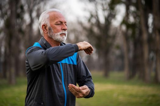 Senior man is practicing Tai Chi exercise in park.