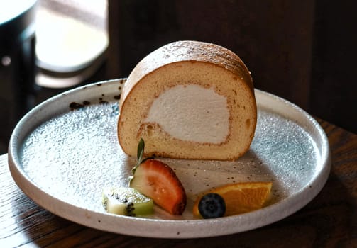 fresh milk cake roll and mixed fruit