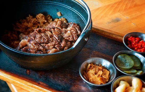 set of beef steak with stir fried rice