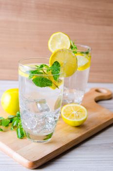 Glasss of mojito with lemon and drinking straw