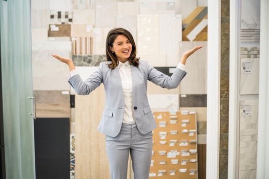 Woman owning small business bath store. Female entrepreneur concept. Happy businesswoman portrait.