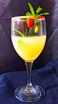 Digital color painting style representing a glass with a fresh yellow drink decorated with wild strawberries