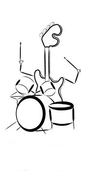 Digital freehand drawing in black and white representing an electric bass playing a drums