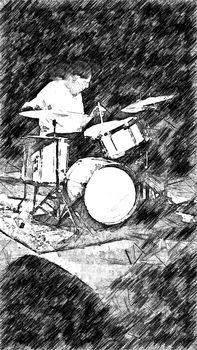 black and white drawing that represents a drummer in the middle of his performance