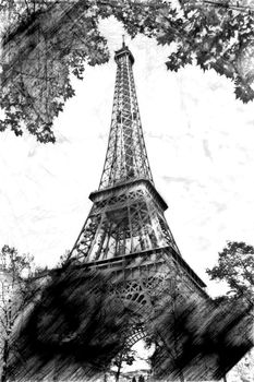 Black and white drawing representing a glimpse of the Eiffel tower in Paris