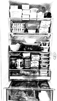 black and white drawing that represents the interior of a home refrigerator after shopping for quarantine