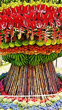 Digital color painting that represents a composition of fruit, vegetables and flowers