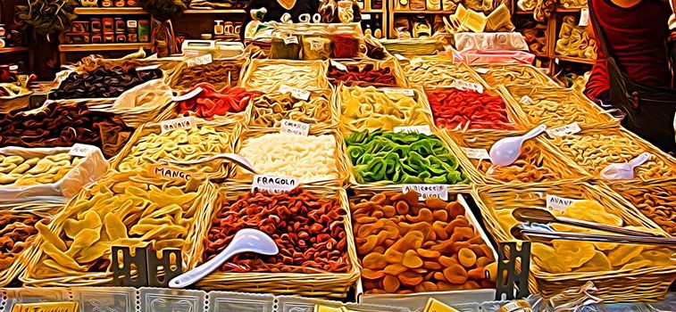 Digital color painting representing baskets of dried fruit and spices at the market