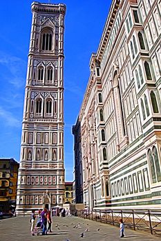 Digital color painting style of a glimpse of the bell tower of Florence and the facade of the church