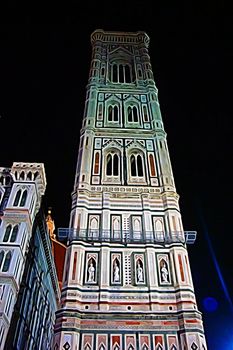 Digital color painting style of a nocturnal glimpse of the bell tower of Florence