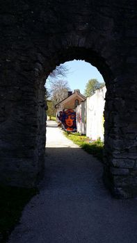 Visby, Sweden, May 5, 2019. A glimpse of the walls of the old town of Visby in Gotland in Sweden