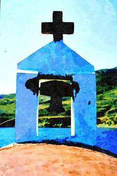 Watercolorstyle picture representing the bell of a small Orthodox church on one of the Greek islands