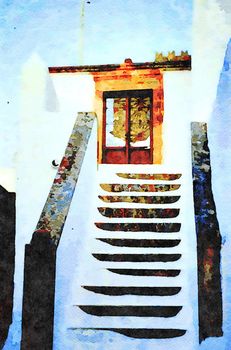 Watercolorstyle picture representing the external staircase of the entrance of a village house on a Greek island