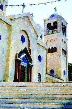Watercolorstyle picture representing the main facade of an Orthodox church in the town on one of the Greek islands