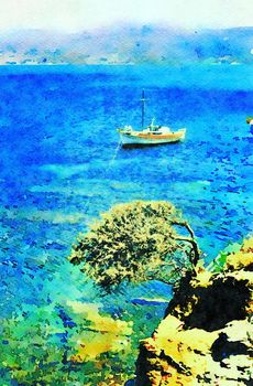 Watercolorstyle picture representing a fishing boat anchored near the coast of on a Greek island