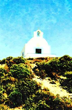 Watercolorstyle picture representing a small Orthodox church on a hill on one of the Greek islands