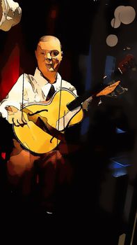 Digital color drawing style representing a musician playing semi-acoustic guitar