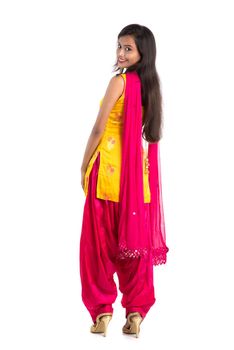 Beautiful Indian traditional girl posing on white background.