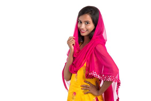 Beautiful Indian traditional girl posing on white background.