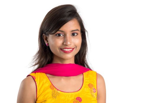 Portrait of beautiful young smiling girl on a white background.